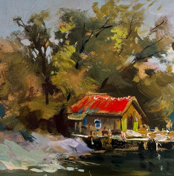 Image 1 of Original Oil Painting Summer River Landscape Small yacht club