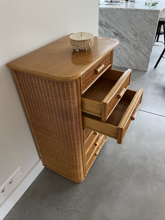 Image 1 of Vintage Wooden And Rattan Chest of Drawers (1970s)