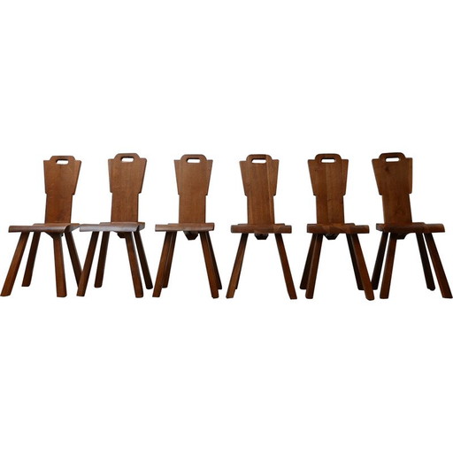 Set of 6 vintage solid wood chairs, Belgium 1970