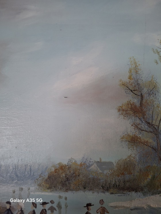Image 1 of Oud olieverfschilderij, winterlandschap / schaatsers, gesigneerd Hoffmann, met lijst.