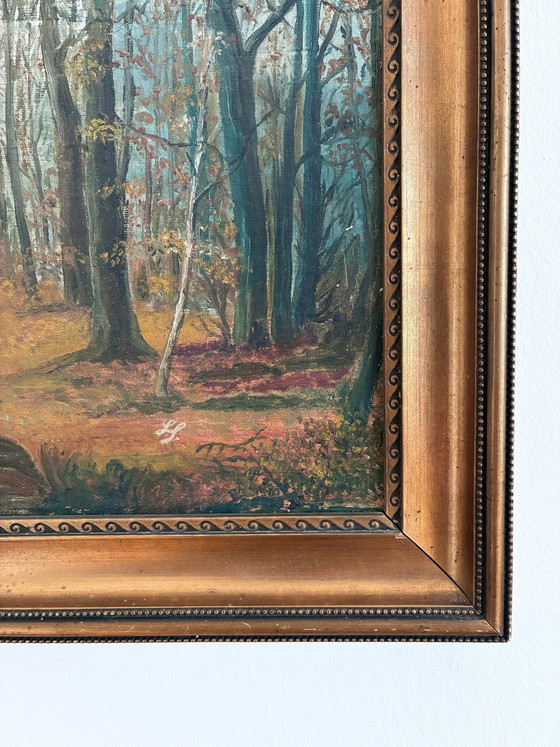 Image 1 of Peinture à l'huile originale ancienne représentant un paysage forestier, vers 1910