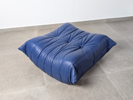 Michel Ducaroy Ligne Roset Blue Leather Togo Ottoman France 1980s