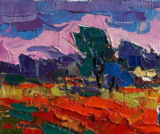 Image 1 of Original Oil Painting Summer Evening Landscape Buckwheat stubble