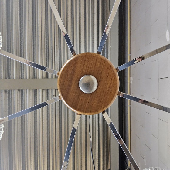 Image 1 of Lampadario d'epoca (anni '60) (8 bracci) cromo/legno (design metà secolo) Lampada a sospensione