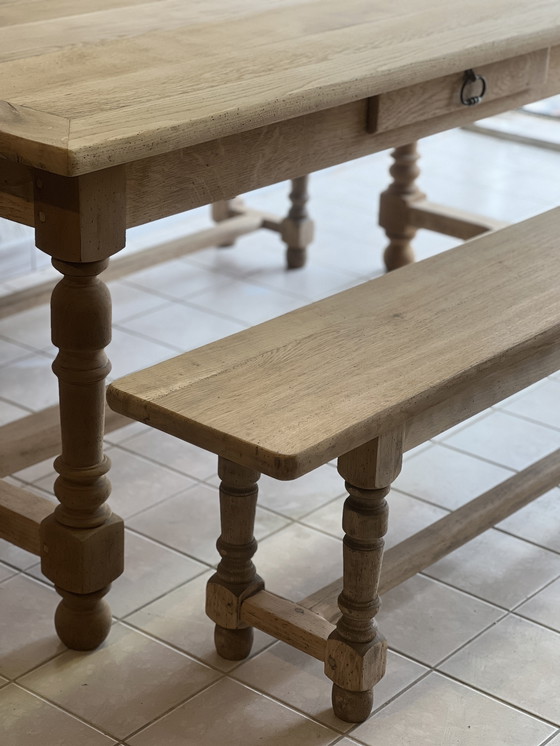 Image 1 of Farmhouse table and its 2 benches in solid oak