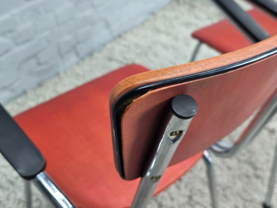 Image 1 of Set of 4 Vintage Design Chromed Frame Kitchen Chairs with Red Leatherette Upholstery. The Netherlands, 1960s