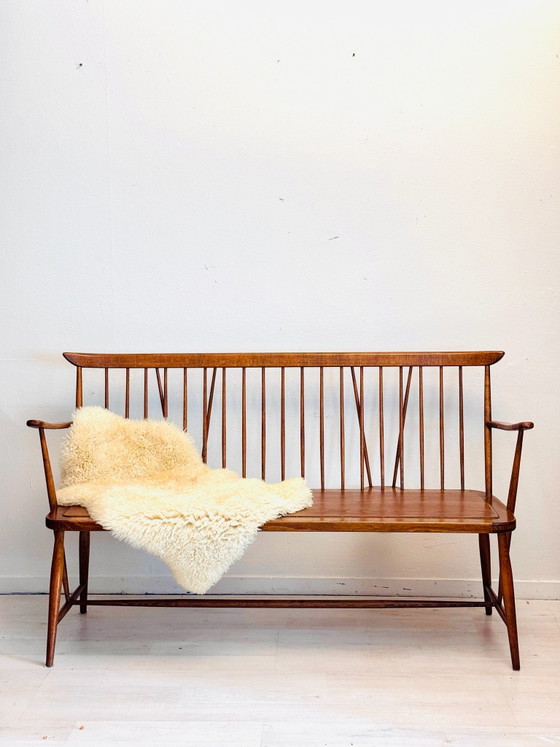 Vintage mid-century wooden slatted bench 1960s, Benches, Brown (photo 9 of 13)