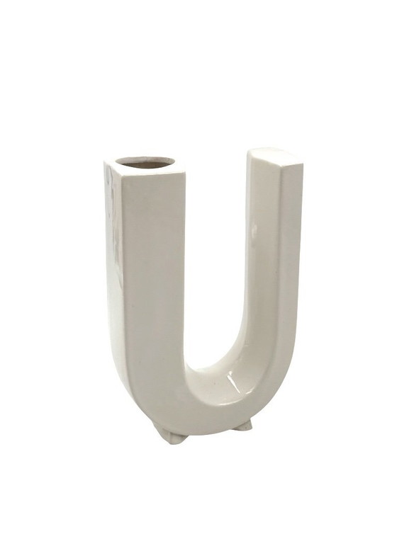 Image 1 of Space age white U letter shaped ceramic solifleur vase, Marcel Radureau ca. 1970