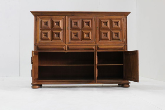 Image 1 of Vintage Spanish Brutalist high cabinet in carved solid wood