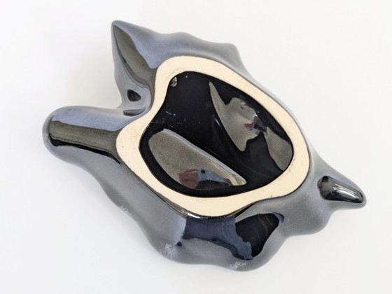 Image 1 of 1960s Vallauris Style Seashell Dish, Midcentury Fat Lava Glaze, Black and Blue