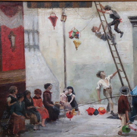 Image 1 of Oil Painting on Canvas, Children Playing, Italy 19th Century