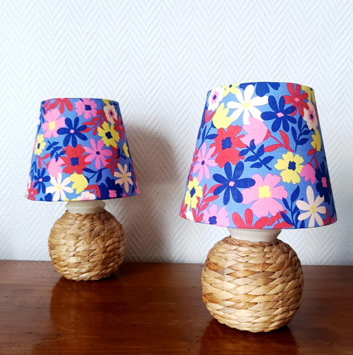2x wicker lamps and custom-made 1970 shades