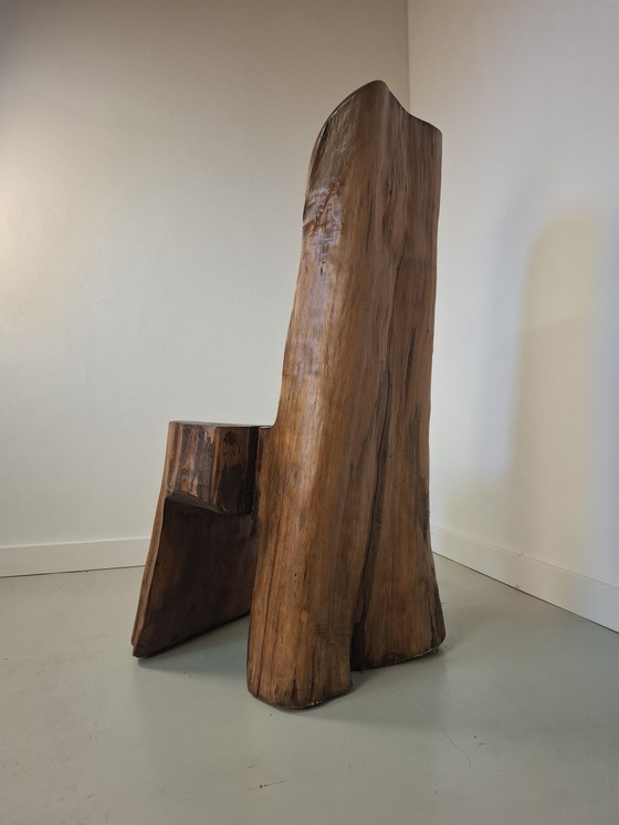 Image 1 of Vintage brutalistische wabi-sabi stoel eikenhouten stoel handgemaakt