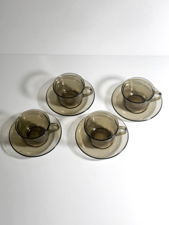 Image 1 of 4x Vintage Arcoroc Mokken van gerookt glas, grijsgroen, Frankrijk, set uit de jaren 80/90, Luminarc