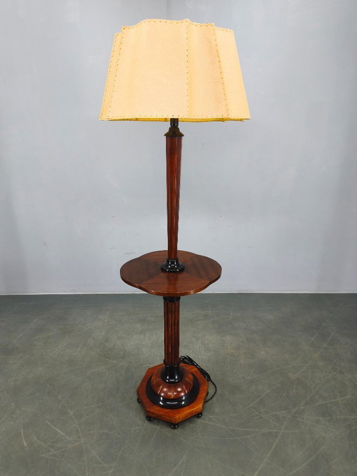 Italienische Art-Deco-Stehlampe mit Beistelltisch, Holz und Metall, 1940er Jahre