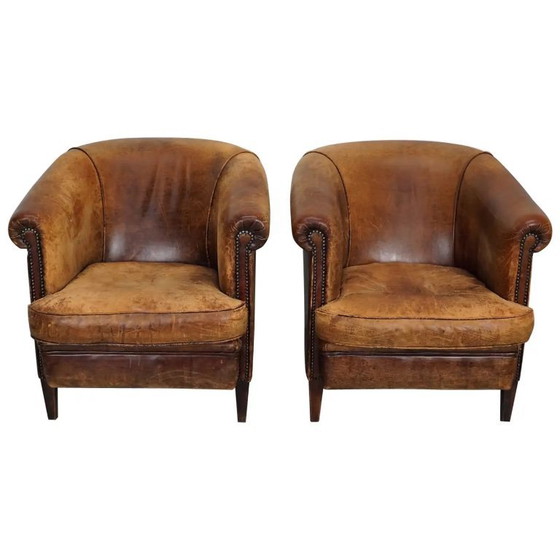 Image 1 of Vintage Nederlandse cognackleurige leren clubfauteuils, set van 2
