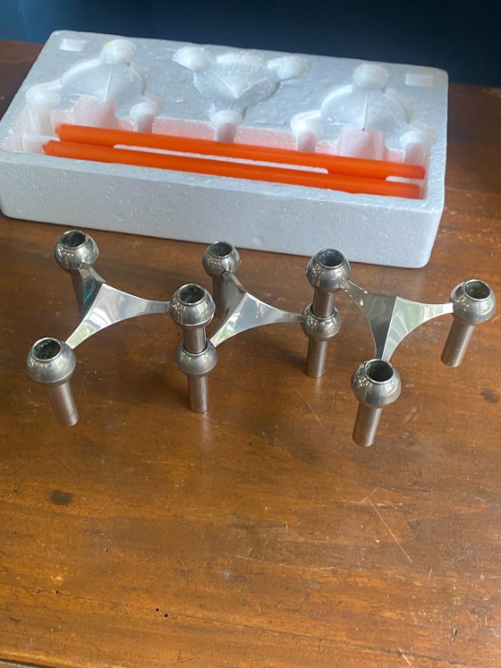Set van 3 S22 kandelaars en 9 verstelbare NAGEL kaarsen, vintage jaren 70, originele doos (photo 5 of 20)