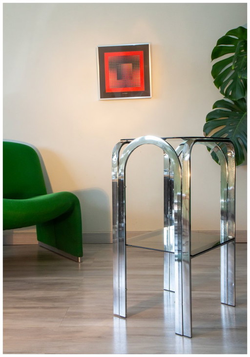 Sellette 1970 chrome et verre fumé