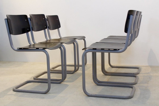 Set of six Gispen Industrial Plywood Chairs, Dining chairs, polished steel, Grey, Industrieel (photo 3 of 6)