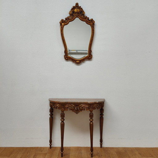 Italienischer Barock Rokoko Wandkonsole Beistelltisch mit Marmorplatte und Spiegel