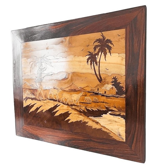 Image 1 of Vintage Native American wood inlay landscape shepherd village life marquetry 45 cm 1940s