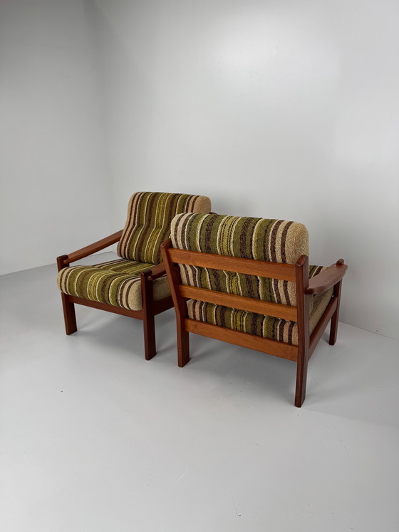Image 1 of Pair of Danish easy chairs – teak frame with original striped upholstery