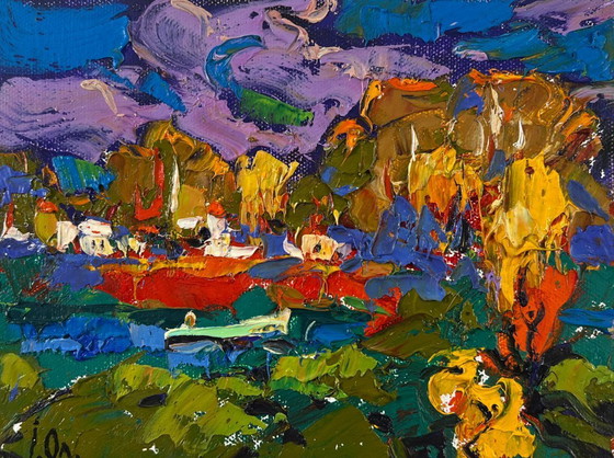 Image 1 of Original Oil Painting Colorful Autumn Landscape Under yellow leaves
