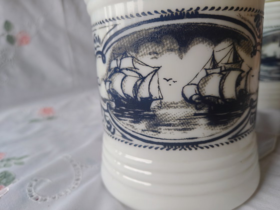 Image 1 of Zeldzame Set Vintage Zwarte Kat / Chat Noir Melkglazen Voorraadpotten – Nieuwstaat!