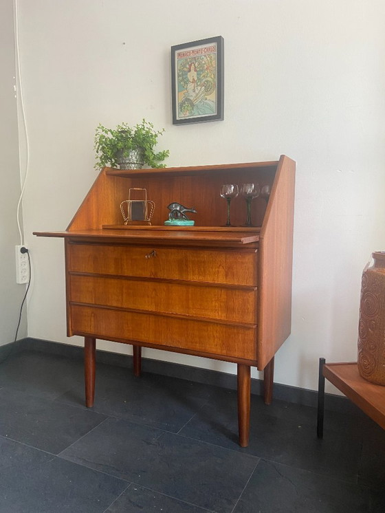 Image 1 of Vintage Danish teak secretaire with 3 drawers and extendable top