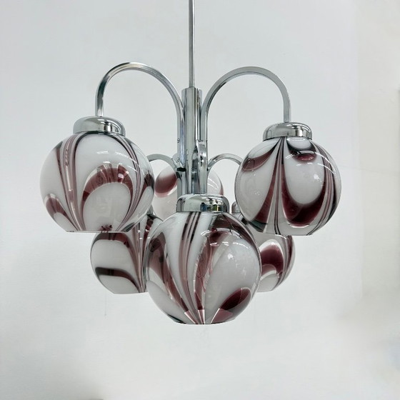 Image 1 of XL Italian purple and white murano glass swirl chandelier , 1970s