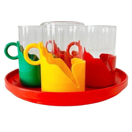Image 1 of Set of vintage tea glasses Plastic Holder with tray 1980's