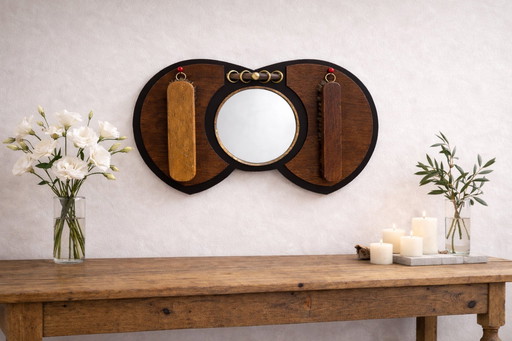 Authentic Amsterdam School Art Deco Mirror Set – Oak & Brass – 1920s