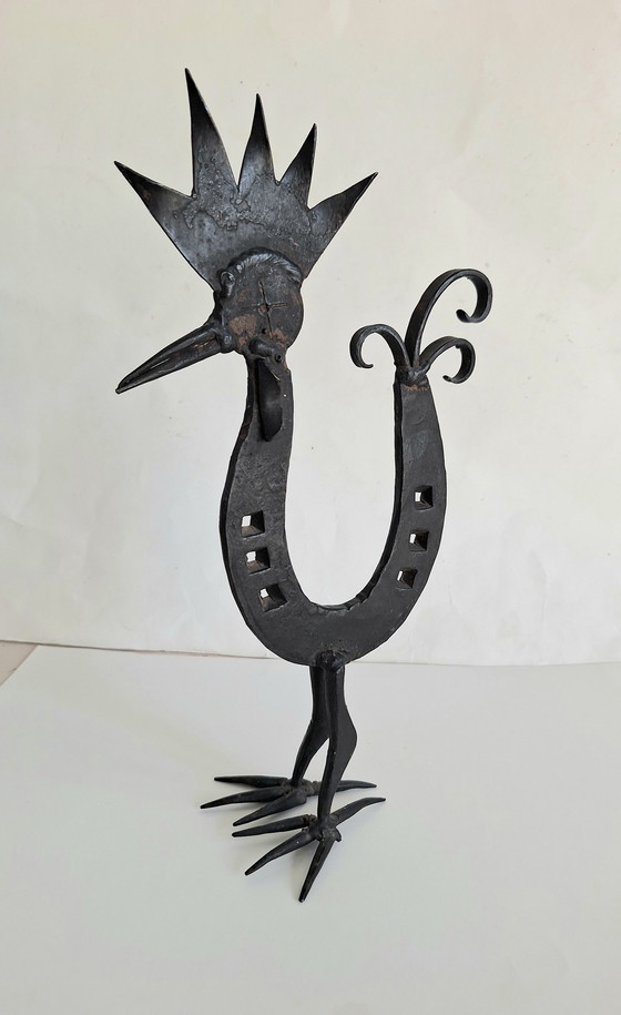 Image 1 of Marolles-style folk art stylized rooster figure from a horseshoe. Vintage 1950-1960.