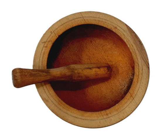 Image 1 of Vintage houten brede kom en stamper, houten vijzel