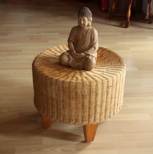Round side table - rattan, bamboo, wood - vintage