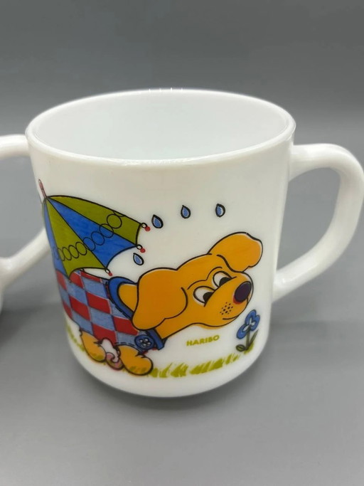 Paar Arcopal-Becher – Haribo-Maskottchen-Hund-Design – Opalglas – 80er Jahre – servies, Retro (photo 2 of 6)