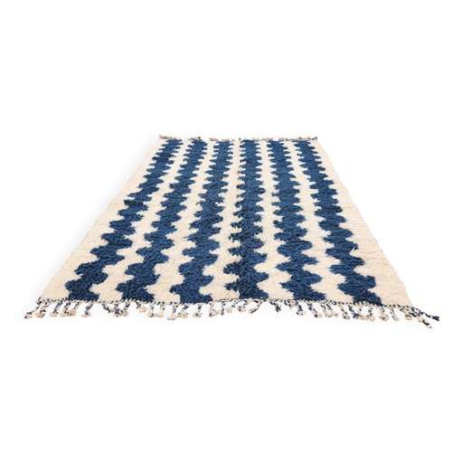 Alfombra bereber grande a rayas 274x208 cm – Lana crema y azul – Patrón gráfico