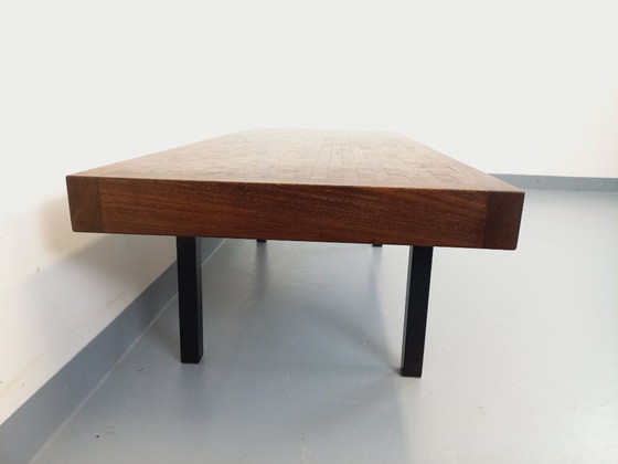 Image 1 of Vintage rectangular coffee table by Dieter Wackerlin in wenge wood mosaic and black metal legs from the 60s/70s