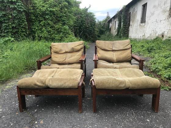 Mid Century Wood & Leather Armchairs With Pouf, Set of 4 – Mid Century Modern (photo 3 of 10)