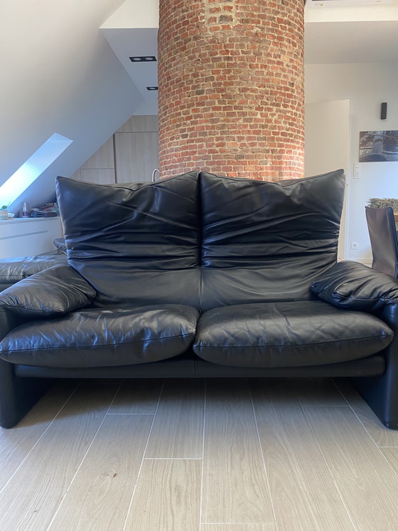 Image 1 of Set di divani in pelle nera composto da 3 pezzi Cassina Maralungo composto da 2 posti, 1 posto e poggiapiedi