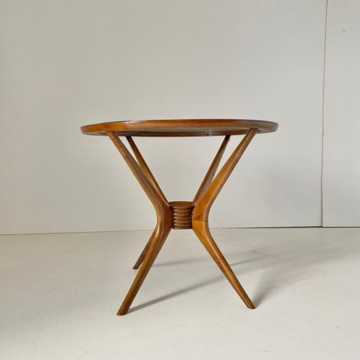 1x Gebogener Couchtisch aus Holz mit Spinnenbeinen, Holz & Glas, Italien, 1950er Jahre
