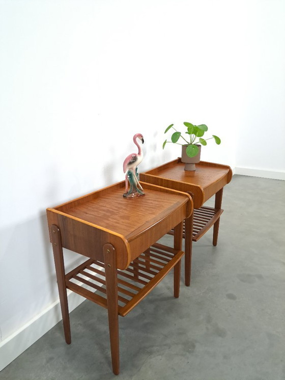 Image 1 of Teak veneer bedside table set with drawer from Sweden