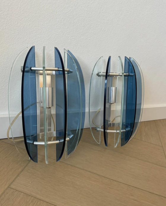 Image 1 of Pair of VECA Italian Wall Lamps for Fontana Arte - Chromed Steel and Crystal Glass - 1960s