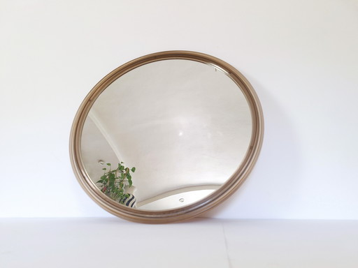 Vintage Bruine Spiegel / Ronde Plastic Wandspiegel / Mid Century Modern / Joegoslavië 1970s