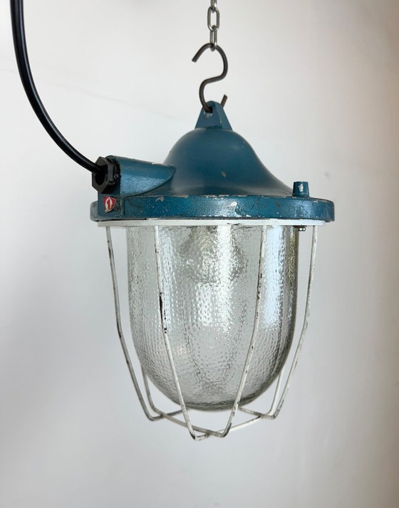 Image 1 of Blauwe industriële bunkerkooilamp van Polam Gdansk, jaren 70