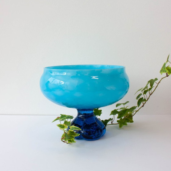 Vintage jaren 60 Portugese blauwe glazen schaal met voet – Tafelaccessoires, Glass (photo 9 of 10)