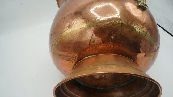 Image 1 of COPPER DUTCH HELMET COAL ASH SCUTLLE BUCKET DELFT BLUE HANDLE BRASS LION HEAD
