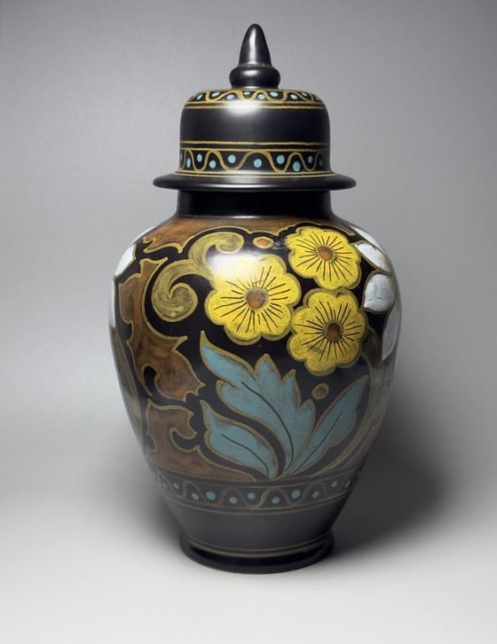 Image 1 of Royal Plateel Zuid-Holland “Lotea” Hand-Painted Lidded Vase
Gouda, The Netherlands, circa 1920s–1930s