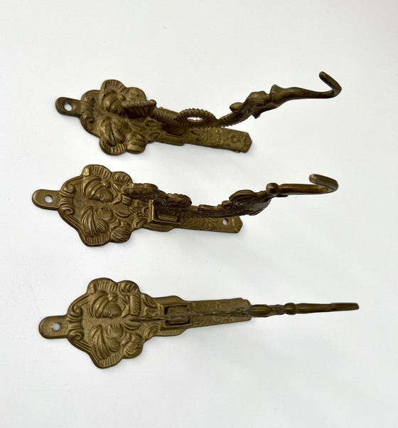 Image 1 of Set of 3 antique wall hooks – brass – Asian/Oriental inspired – circa 1950