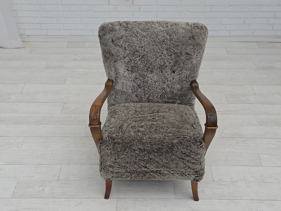 Image 1 of 1960s Reupholstered Danish Armchair in New Zealand Genuine Sheepskin